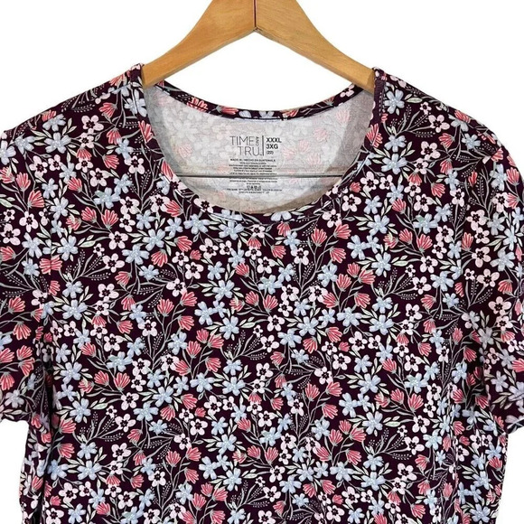 Time and Tru Floral T Shirt Plus XXXL 100% Cotton Knit Burgundy Coral Mint White - Picture 3 of 5